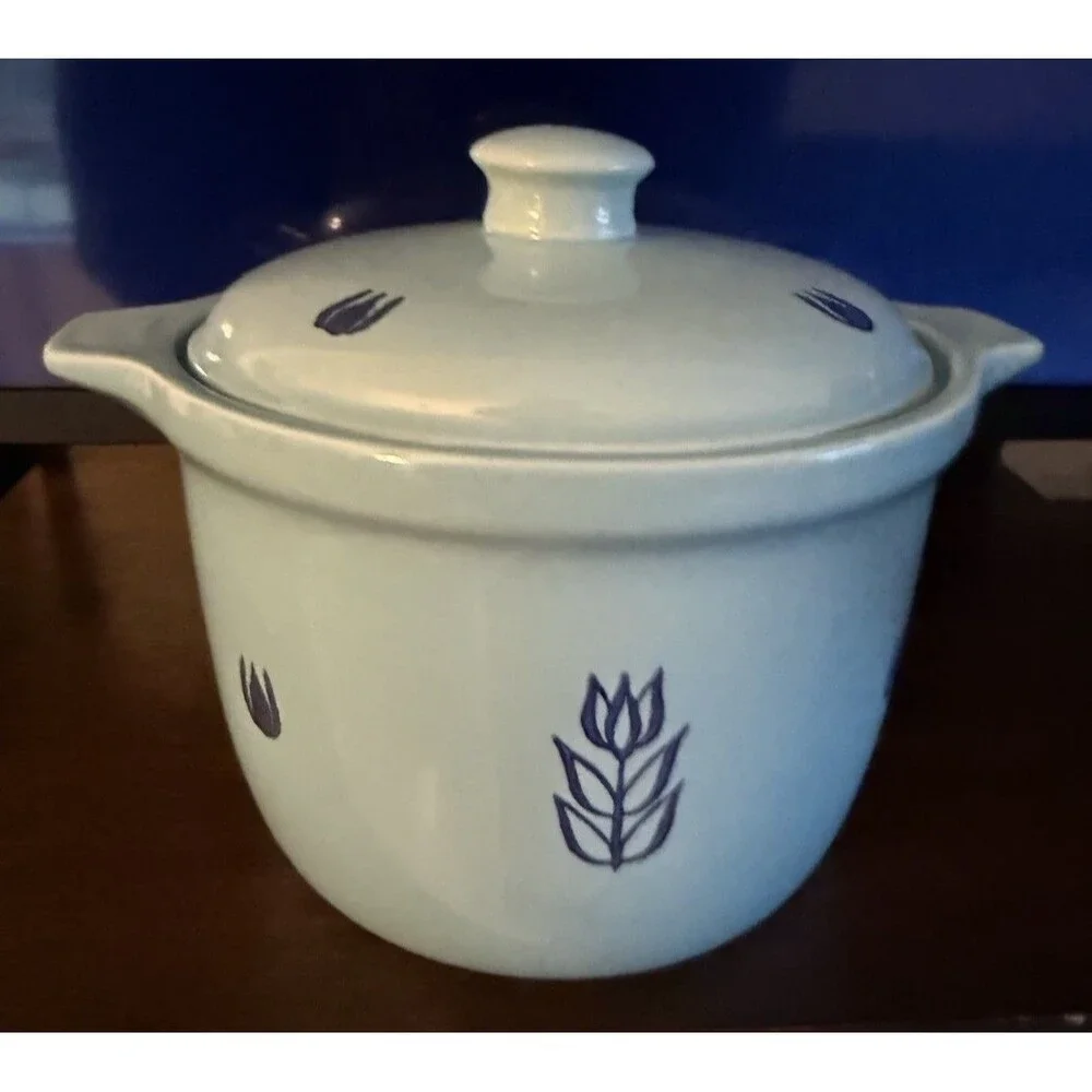 Cronin Pottery LightBlue Dutch Oven Bean Pot Featuring Blue Tulip Pattern wLid